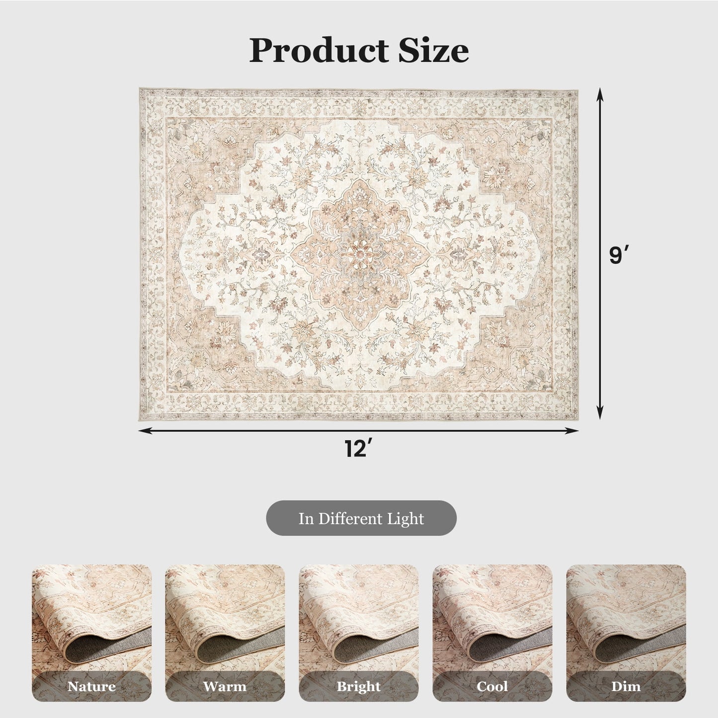 CHITOOMA 9'x12' Boho Area Rugs for Living Room, Machine Washable Floral Area Rug with Non-Slip Backing, Stain Resistant Non-Shed Carpet for Bedroom, Dining Room, Dorm, Office