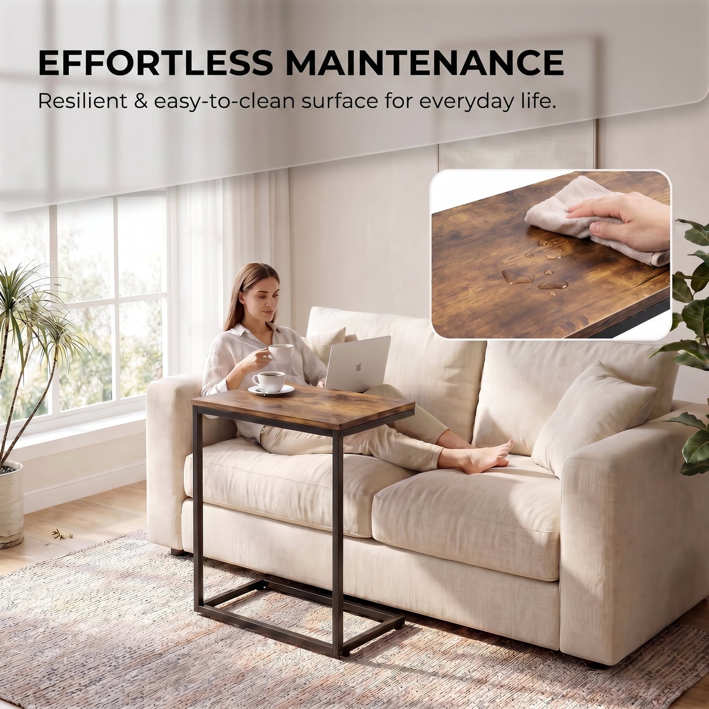 2 PCS C Shaped Sofa Side End Table，Side Table TV Tray Table for Sofa,Couch Table with metal frame for livingroom,Bedroom,Rustic Brown