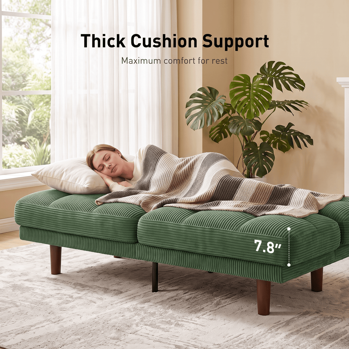CHITOOMA 66" Futon Sofa Bed with Adjustable Backrest, Corduroy Convertible Futon Couch, Extra-Thick Cushion, Comfy Loveseat for Small Spaces, Apartment or Office, Green