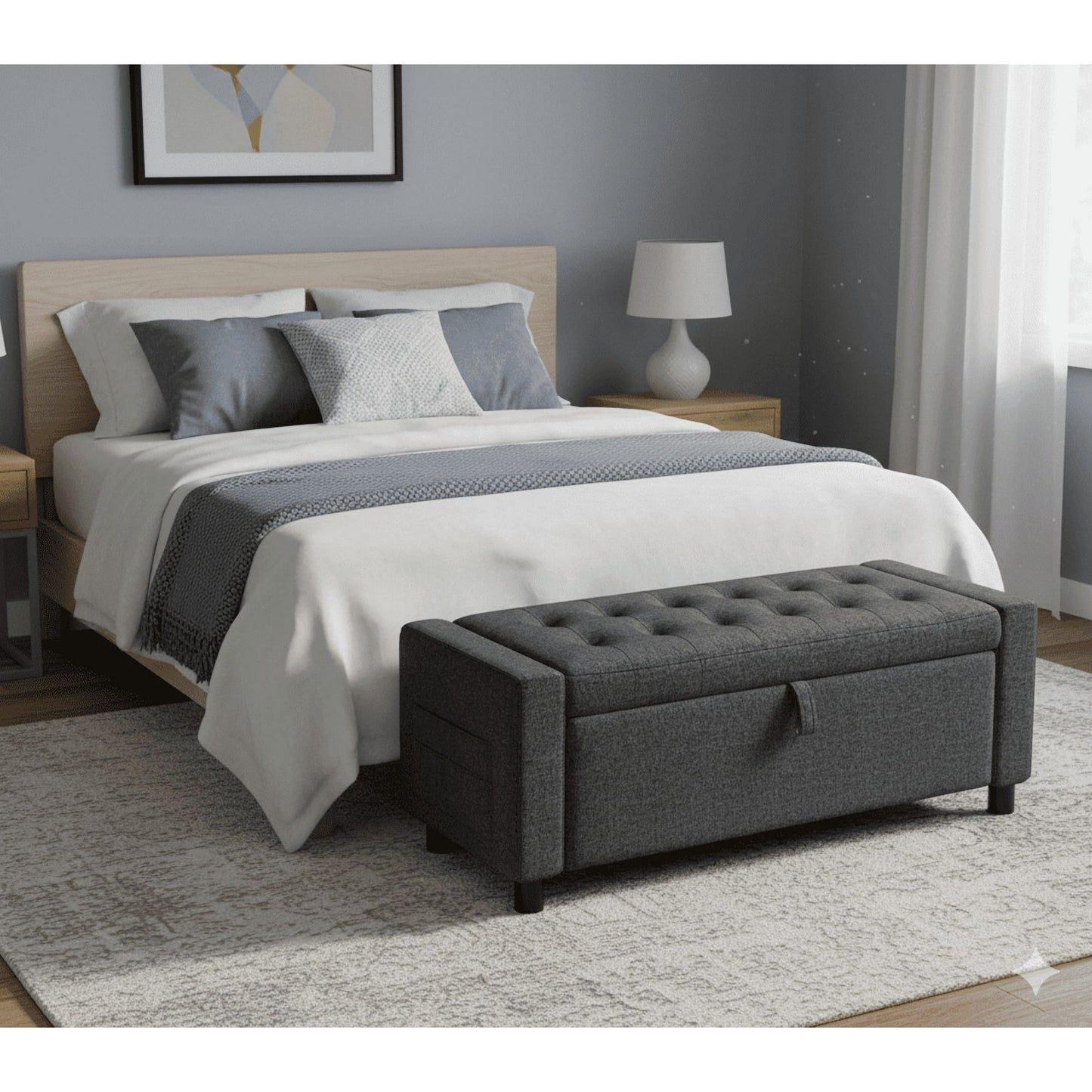 46" Storage Ottoman Bench, 3.14" Thicker Upholstered End of Bed Bench with Folding Cover, Side Pocket, 400lb Capacity, for Living Room, Bedroom, Beige