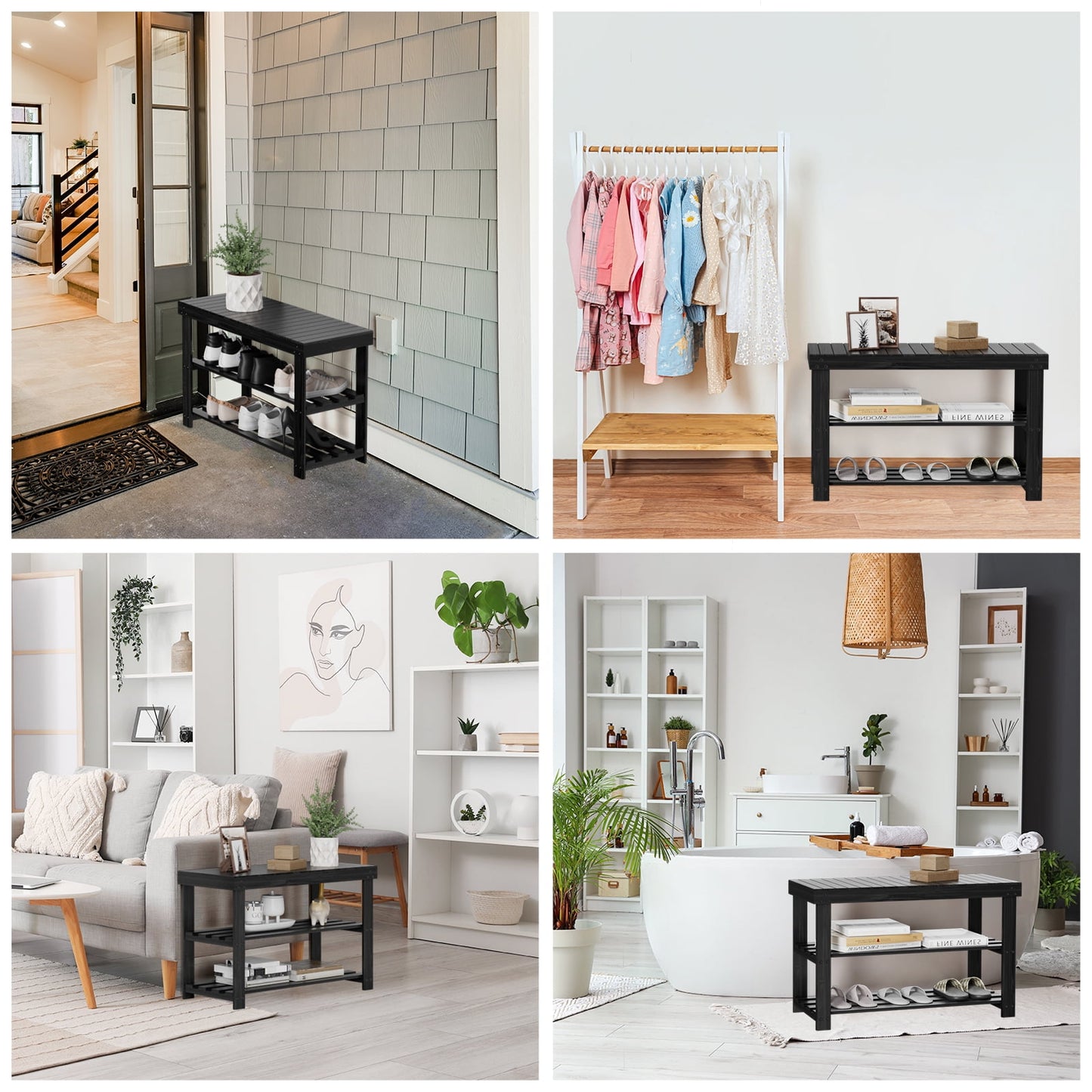 CHITOOMA 3-Tier Bamboo Shoe Storage Bench for Entryway, Wood Hallway Shoe Rack Shoe Organizer Shelf for Living Room Bedroom, 11"D x 27.5"W x 17.5"H, Black