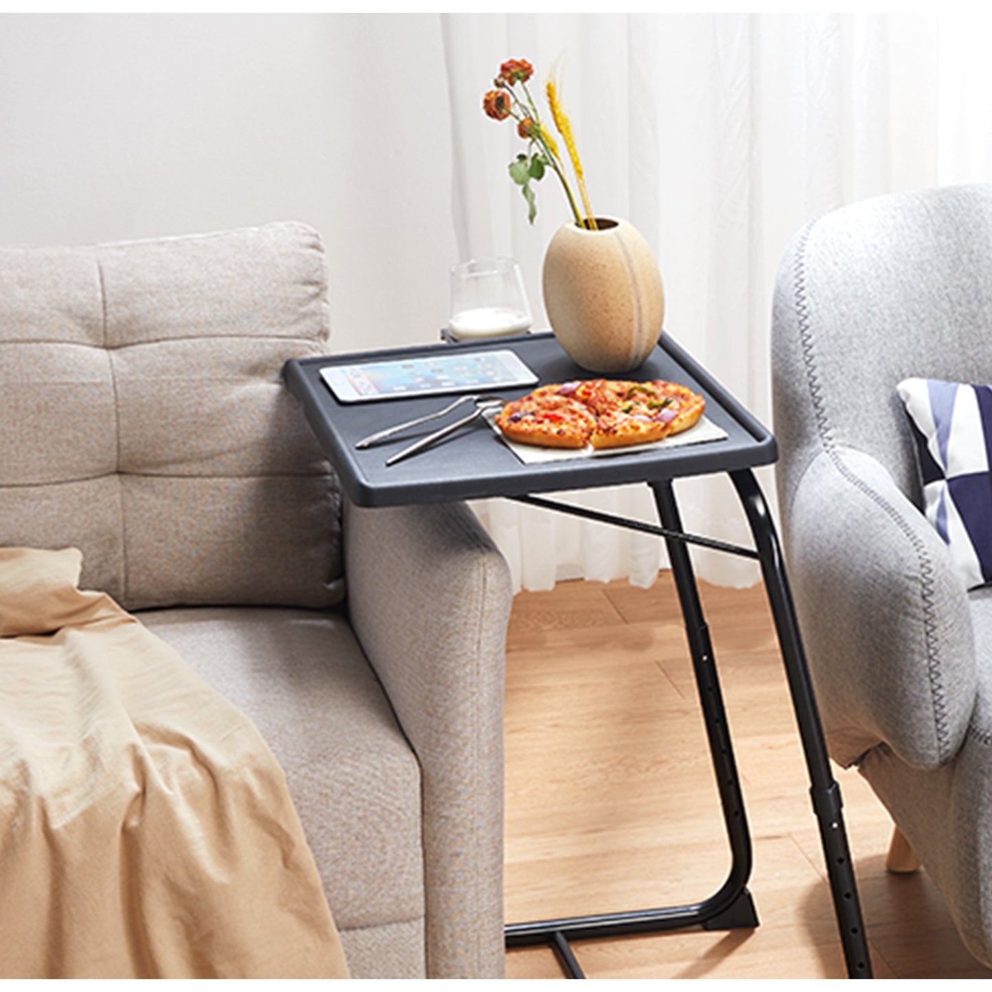 PERLESMITH Adjustable Height TV Tray, Folding Table Trays with Cup Holder, 6 Height & 3 Tilt Angle for Couch, Sofa and Bed, Black