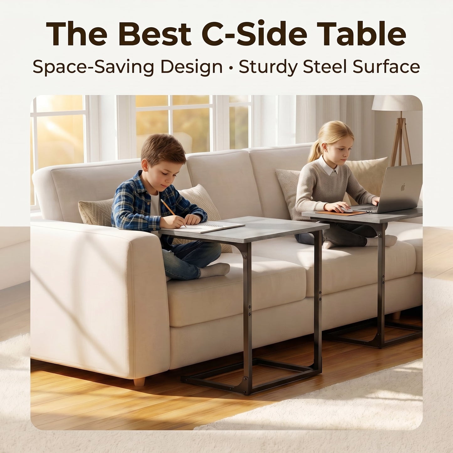 C Shaped Metal Couch End Table Tray Table 2pcs, Widened Side Table Sofa Table Nightstand for Bedroom, Living Room, 27"(H) x 21.1"(W) x 11.4"(D), Grey
