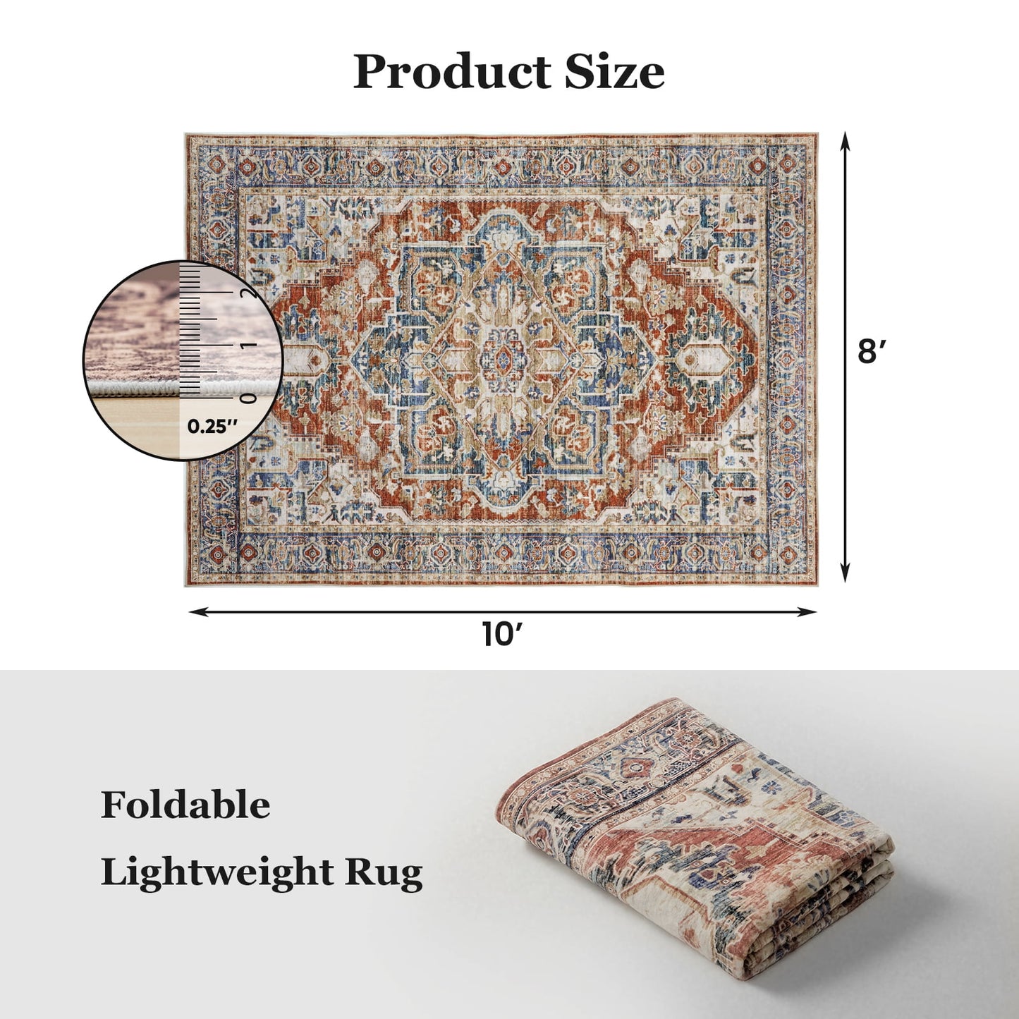 8'x10' Boho Area Rugs for Living Room, Machine Washable Area Rug with Non-Slip Backing, Stain Resistant Non-Shed Carpet for Bedroom, Dining Room, Dorm, Office