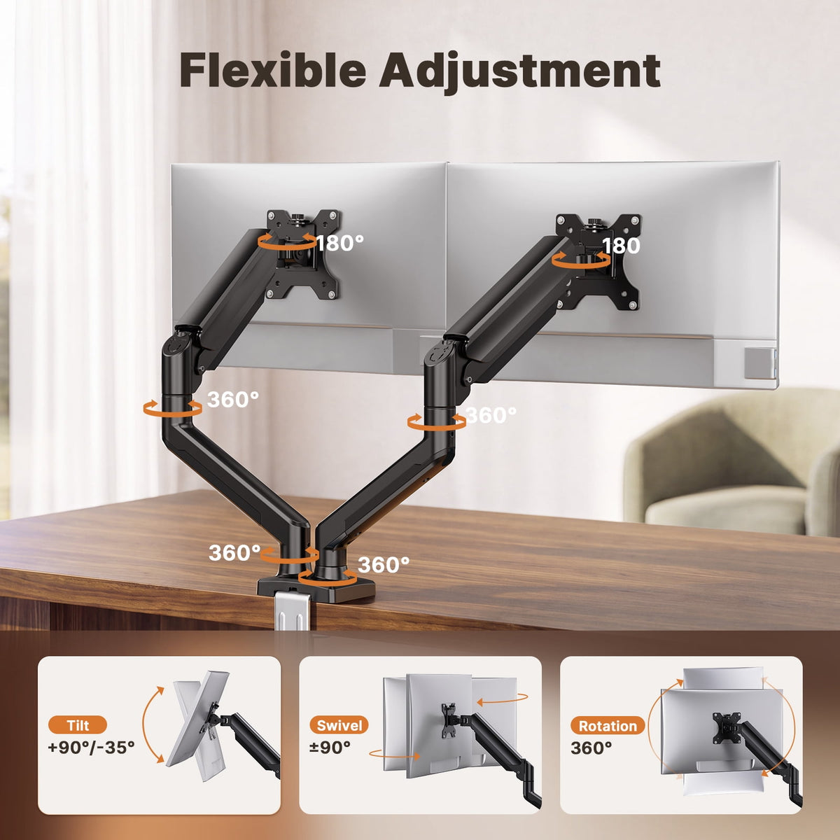Dual Monitor Mount Stand for 13”-33" Screens, 360° Heavy Duty Adjustable Gas Spring Arm Desk Mount with Tilt, Swivel, Rotation, VESA 100x100, 75x75, Holds Up to 22lbs per Monitor Arm