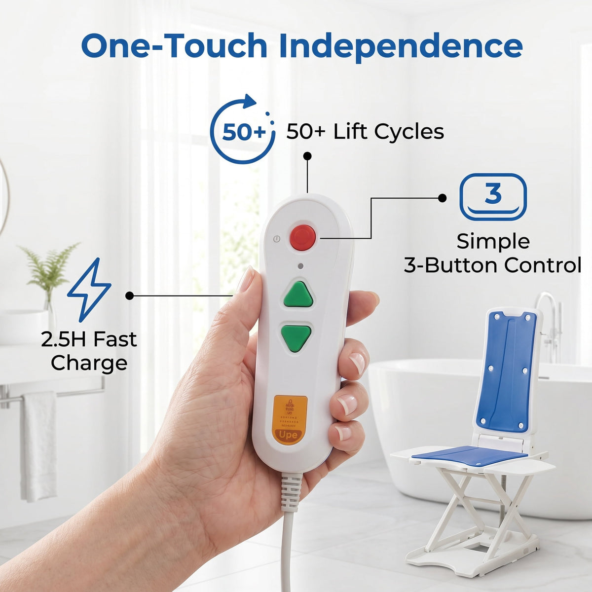 CHITOOMA Electric Chair Lift for Elderly,Floor Lift & IP68 Waterproof Bath Lift for Tub,308 lbs Capacity,Height Adjustable 2.3"-18.9",Chair Lift Assist Devices for Seniors & Disabled,White