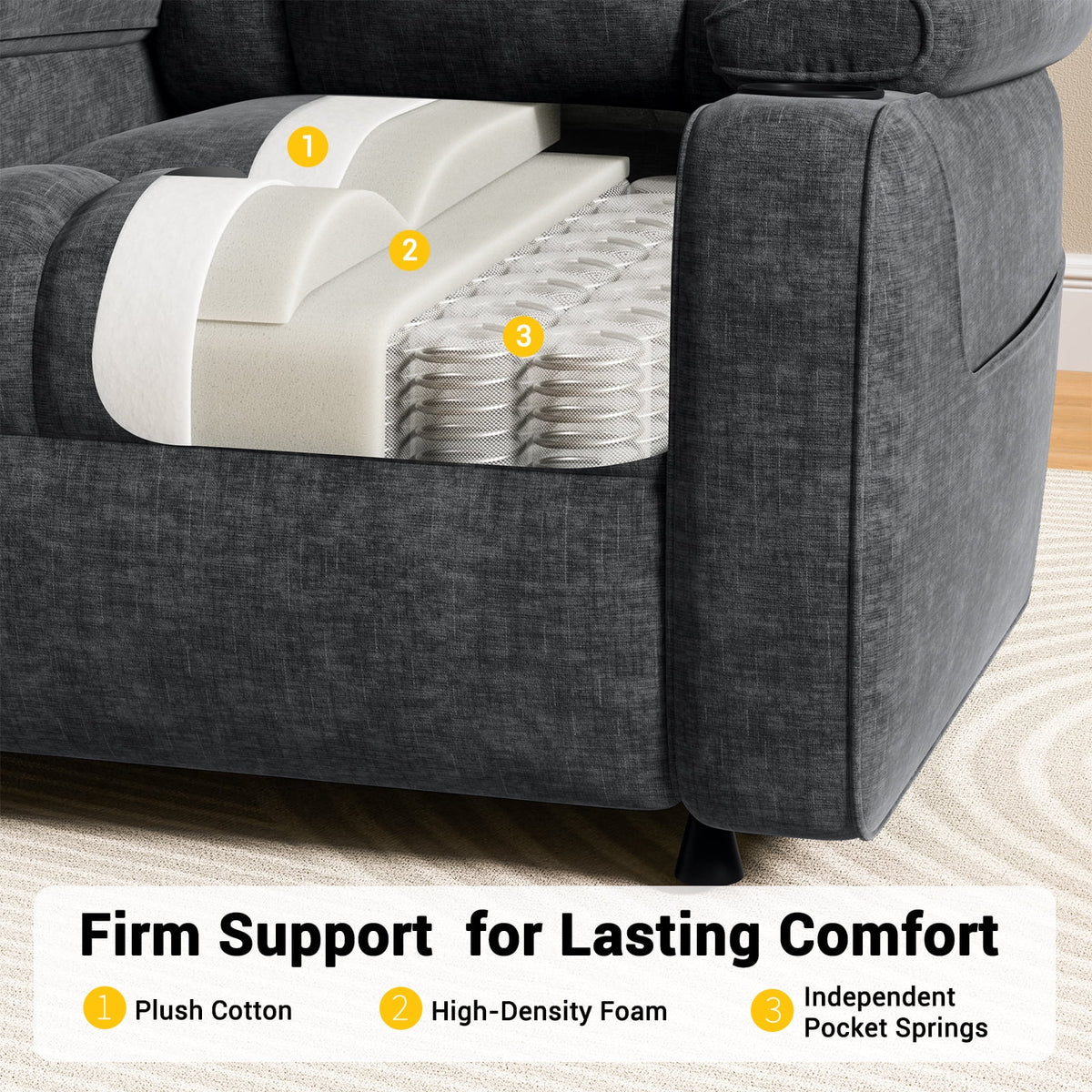CHITOOMA Power Recliner Chair for Adults, Zero Gravity Electric Reclining Sofa with USB Port, Cup Holder & Side Pockets, Chenille Fabric, Dark Gray