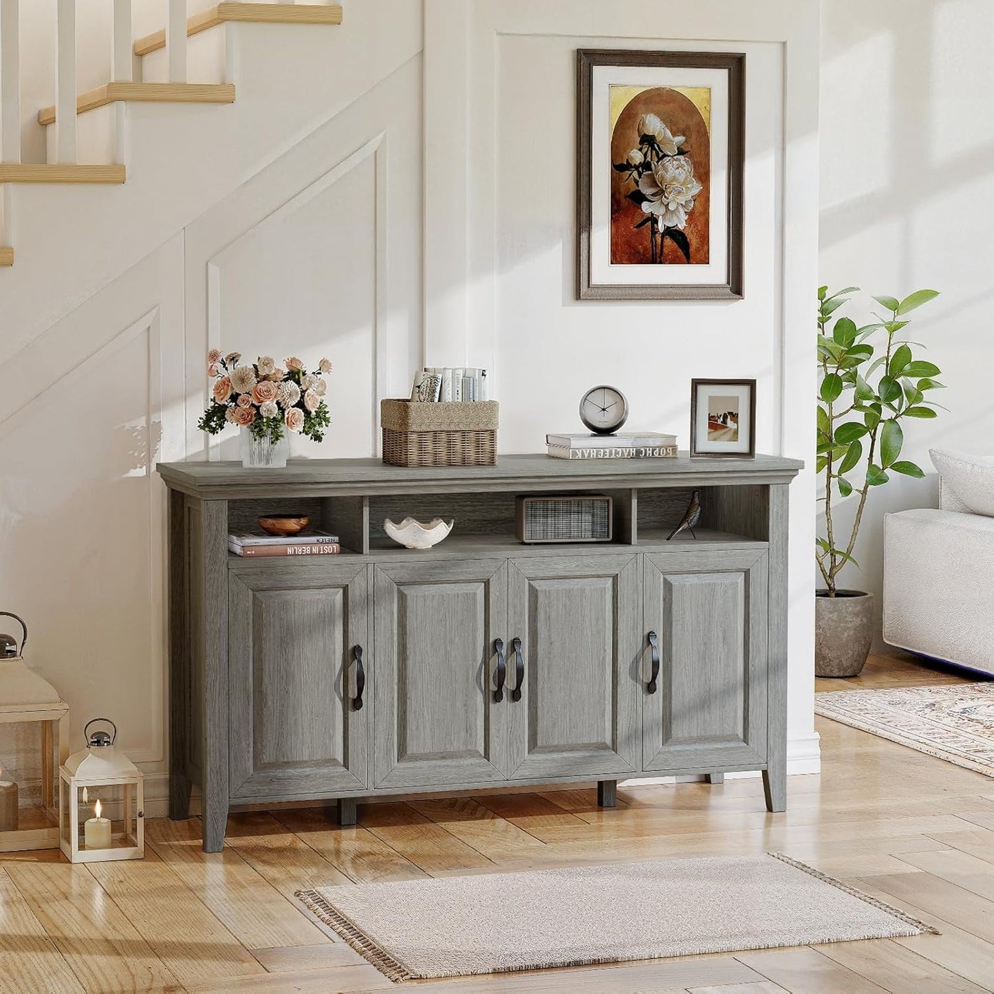 CHITOOMA 55" Sideboard Buffet Cabinet with Adjustable Shelves & 4 Doors, Modern Farmhouse Coffee Bar Cabinet for Kitchen Dinning Room, Gray