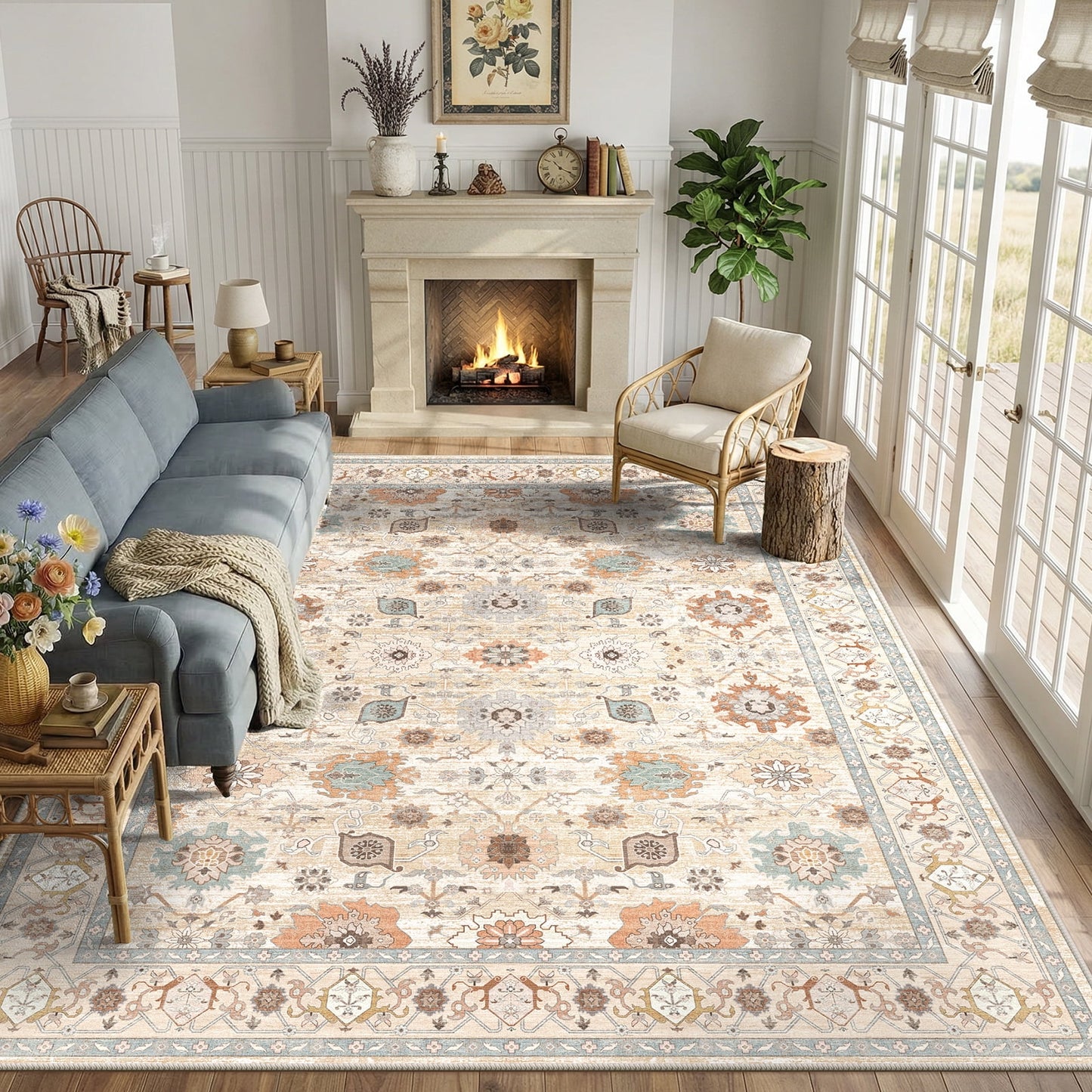 CHITOOMA 5'x7' Area Rugs for Living Room, Boho Machine Washable Stain Resistant Non-Shed Carpet, Floral Area Rug with Non-Slip Backing for Bedroom, Dining Room, Dorm, Office