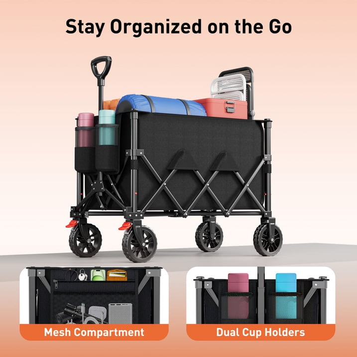 CHITOOMA Wagon Cart Foldable, 350LBS Collapsible Wagon, 160L Large Capacity Utility Cart with Side Pocket for Camping, Shopping & Outdoor Activities