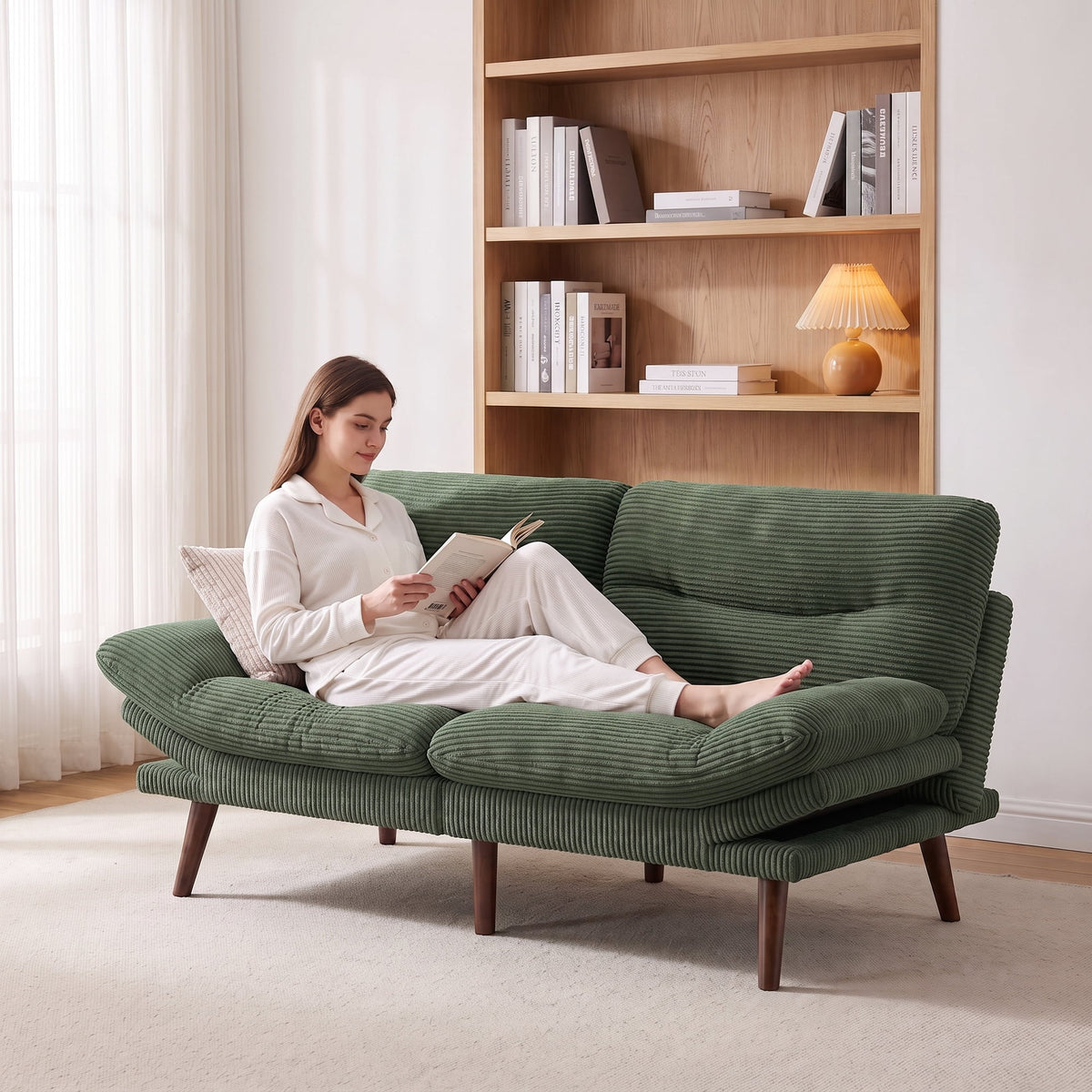 CHITOOMA 75" Futon Sofa Bed with Adjustable Backrest and Armrests, Convertible Sleeper Couch for Living Room, Bedroom, Apartment or Office, Green