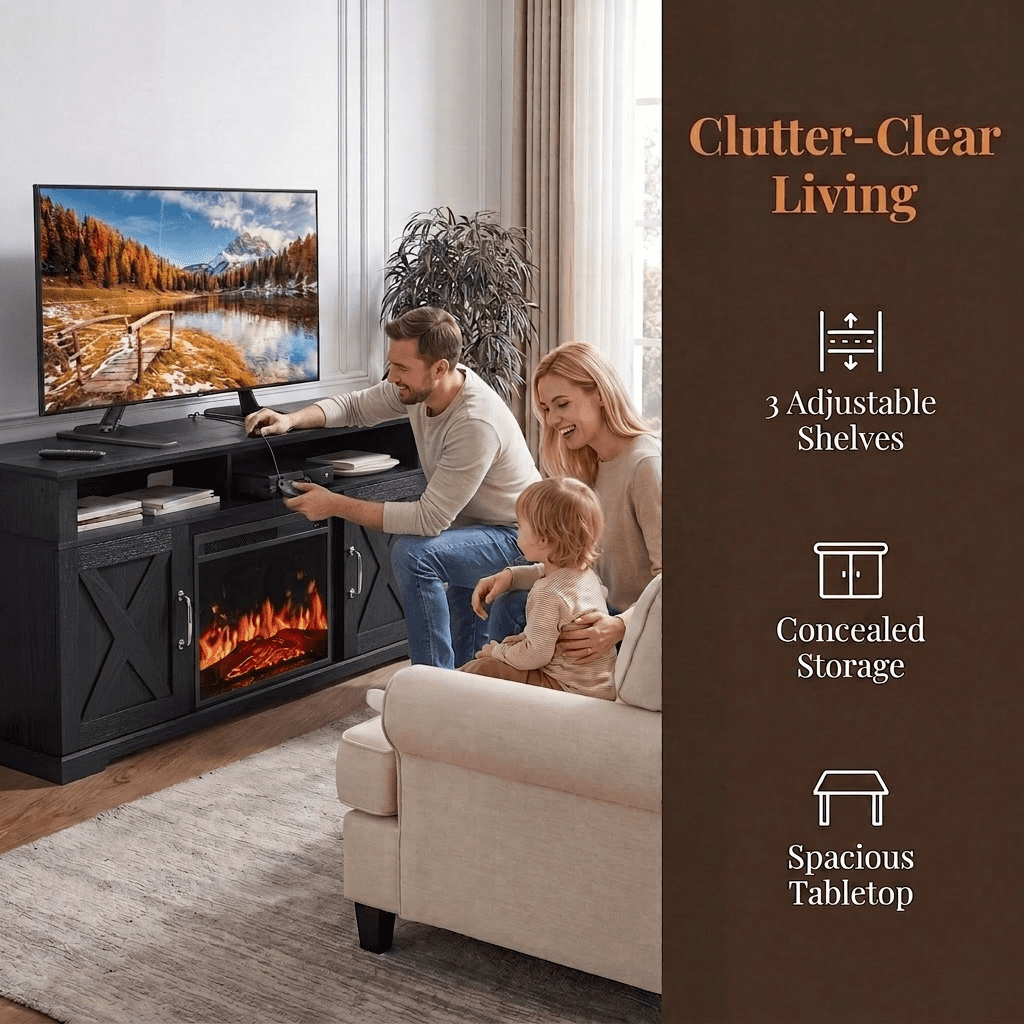 Fireplace TV Stand with Fireplace for 75 inch TV Farmhouse Entertainment Center with Storage, Black
