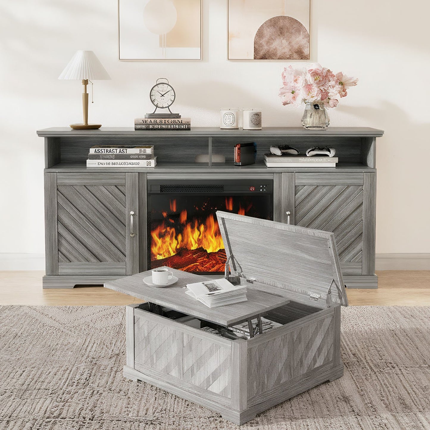 CHITOOMA 75" Fireplace TV Stand and Coffee Table Combo, Farmhouse Entertainment Center with 23" Electric Fireplace for Living Room, Bedroom, Gray