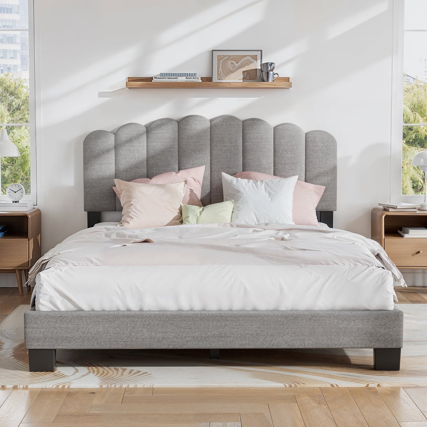 CHITOOMA Twin Bed Frame with Adjustable Headboard, Grey Linen Upholstered Platform Bed Frame Twin Size No Box Spring Needed, Noise-Free, Heavy Duty