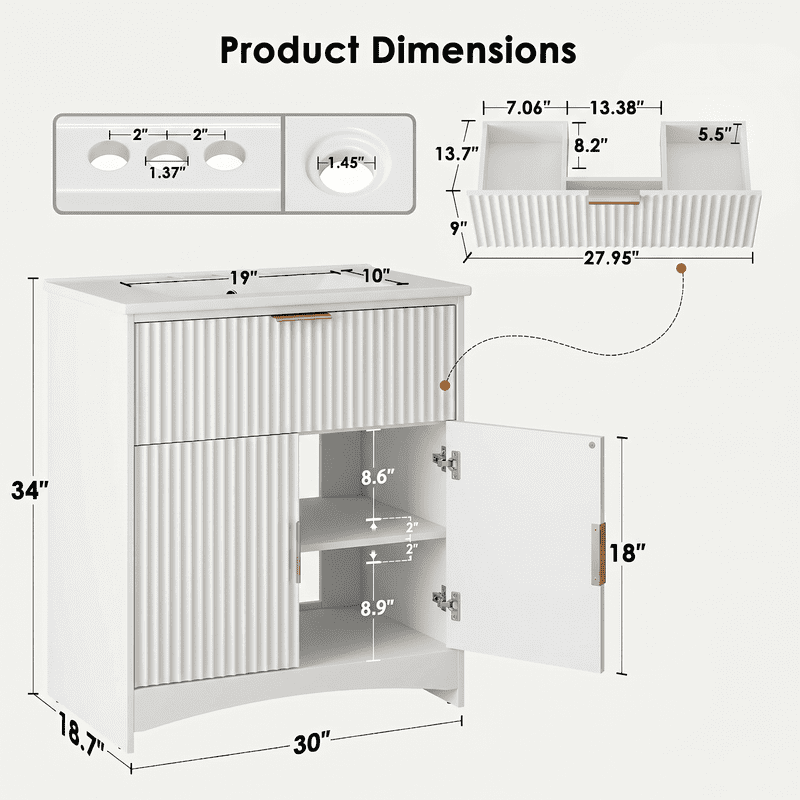 30 Inch Bathroom Vanity with Ceramic Sink, Freestanding Bathroom Sink Cabinet with Fluted Doors, 2 Doors and 1 Drawer, Adjustable Shelf, Modern Bathroom Storage Combo, White