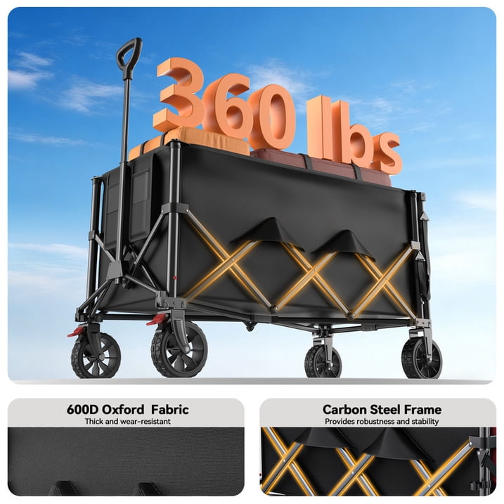 CHITOOMA Wagon Cart Foldable, 360LBS Expandable Utility Wagon for Outdoor & Home Use, 150L Collapsible Grocery Cart with Cup Holders