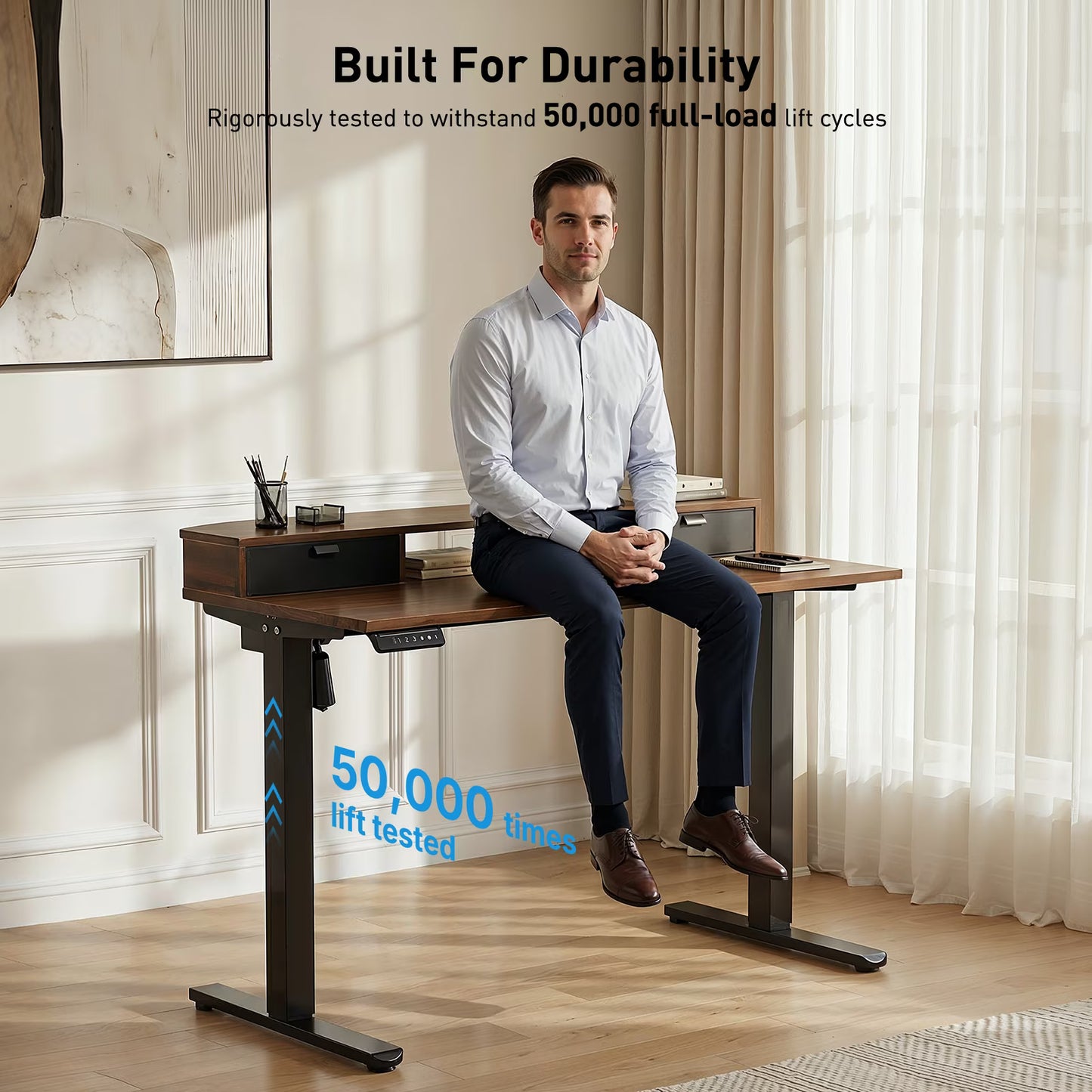 CHITOOMA 48″ x 24″ Standing Desk with Drawers, Electric Height Adjustable Sit Stand Desk with Storage Shelf, walnut