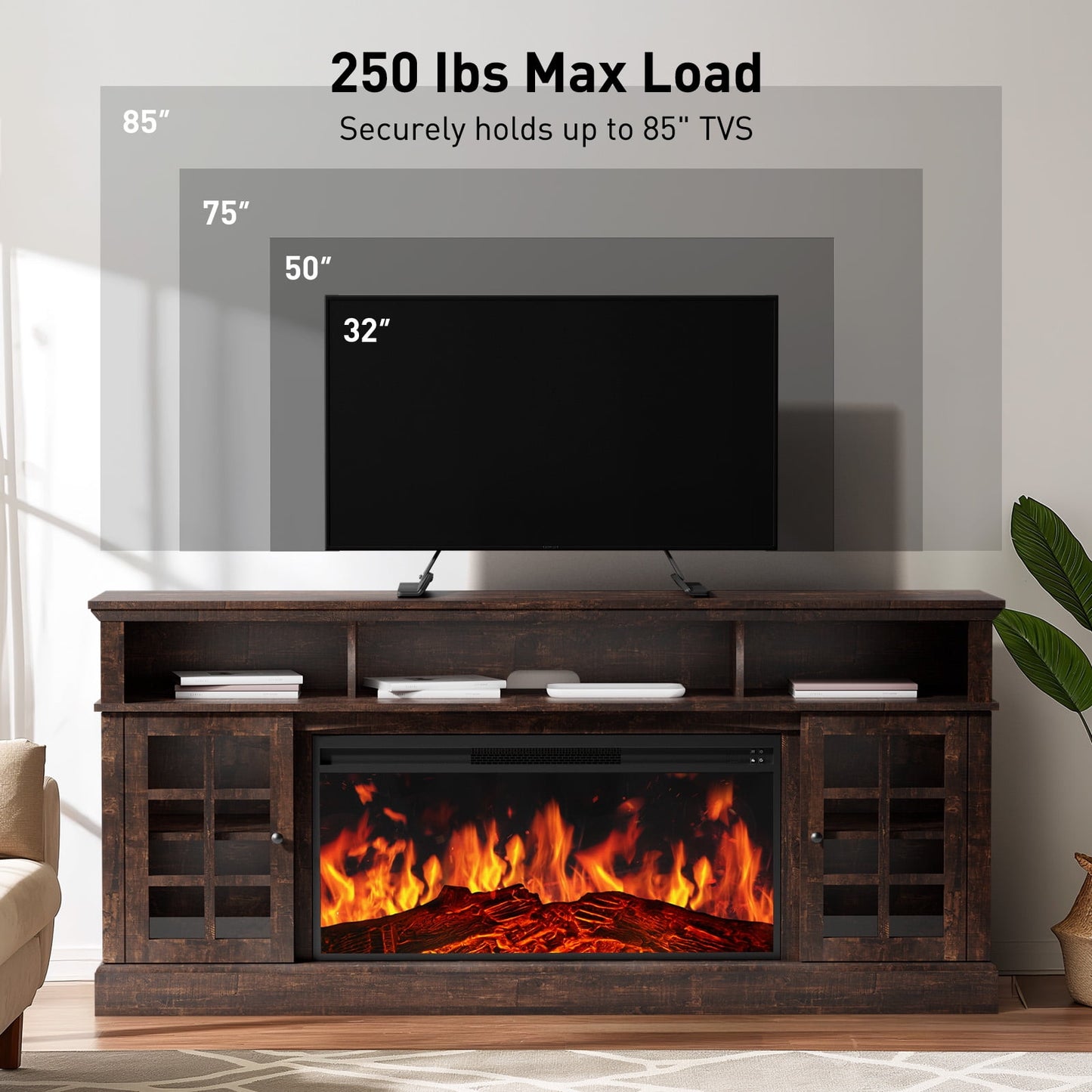 Electric Fireplace TV Stand up to 85" TVs, Farmhouse Entertainment Center wiht 36" Fireplace for Living Room, Vintage Brown