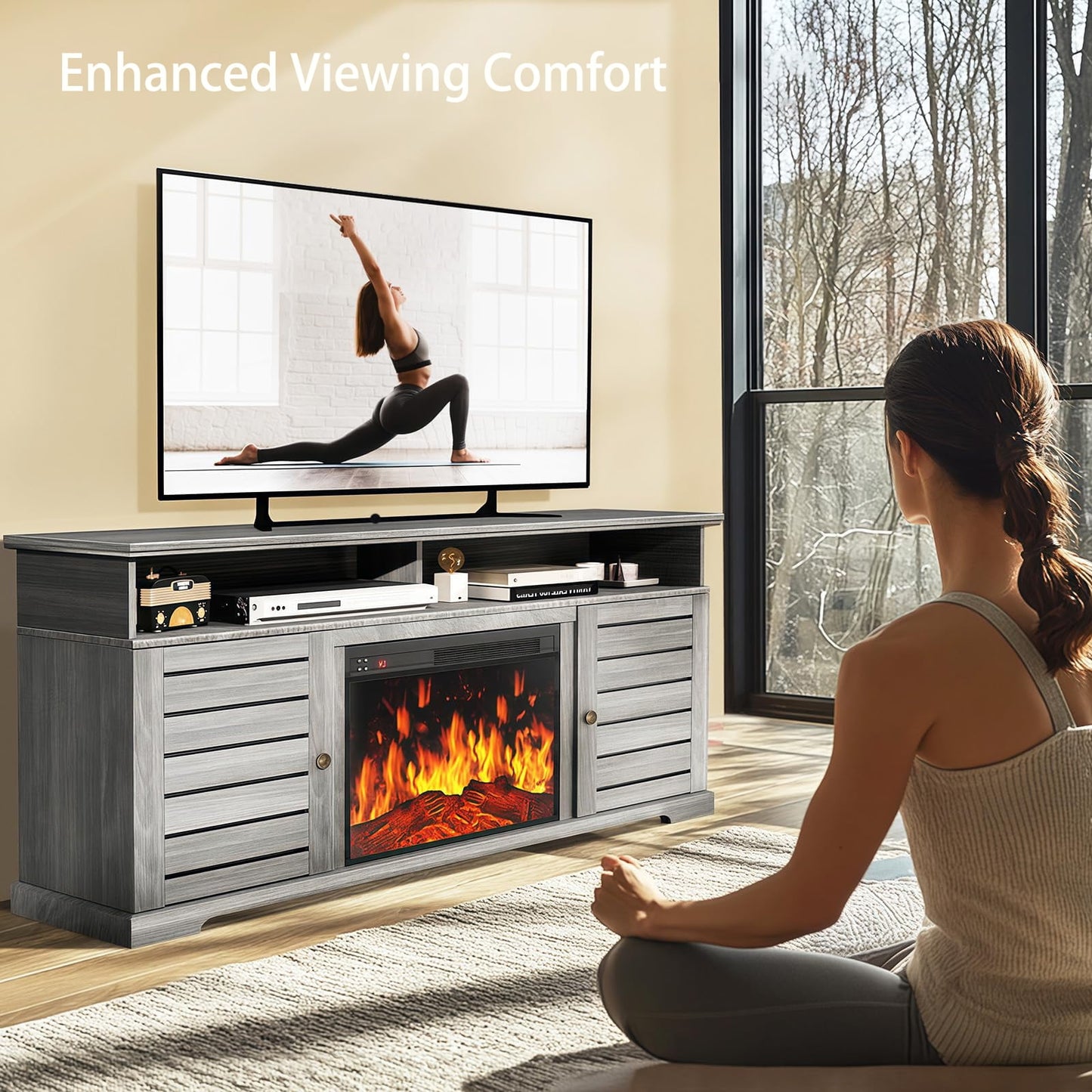 Electric Fireplace TV Stand up to 75" TVs, Farmhouse Entertainment Center wiht 23" Fireplace for Living Room, Gray