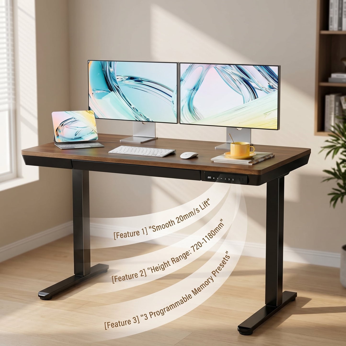 CHITOOMA Glass Top 48" x 24" Electric Standing Desk, Height Adjustable Sit Stand Desk for Home Office, Walnut