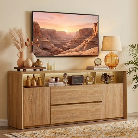 CHITOOMA 69" TV Stand with LED Lights, TV Stand and Charging Station for 80 Inch TVs, Modern Entertainment Center with Storage, Drawers, Cabinets, Open Shelf for Living Room, Bedroom, Natural