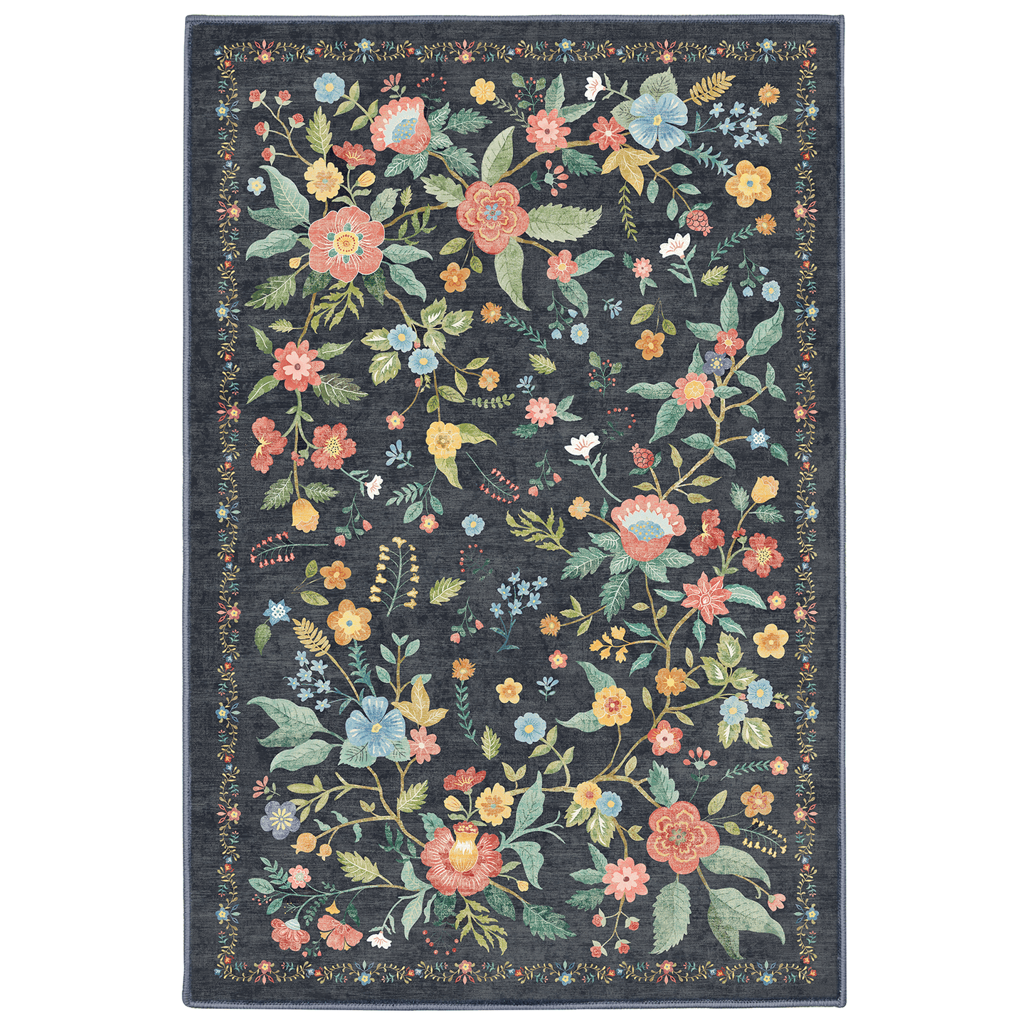CHITOOMA 5'x7' Area Rugs for Living Room, Modern Floral Area Rugs Machine Washable Rugs, Botanical Indoor Carpet Soft Rugs for Bedroom Dining Room Dorm Office, Black
