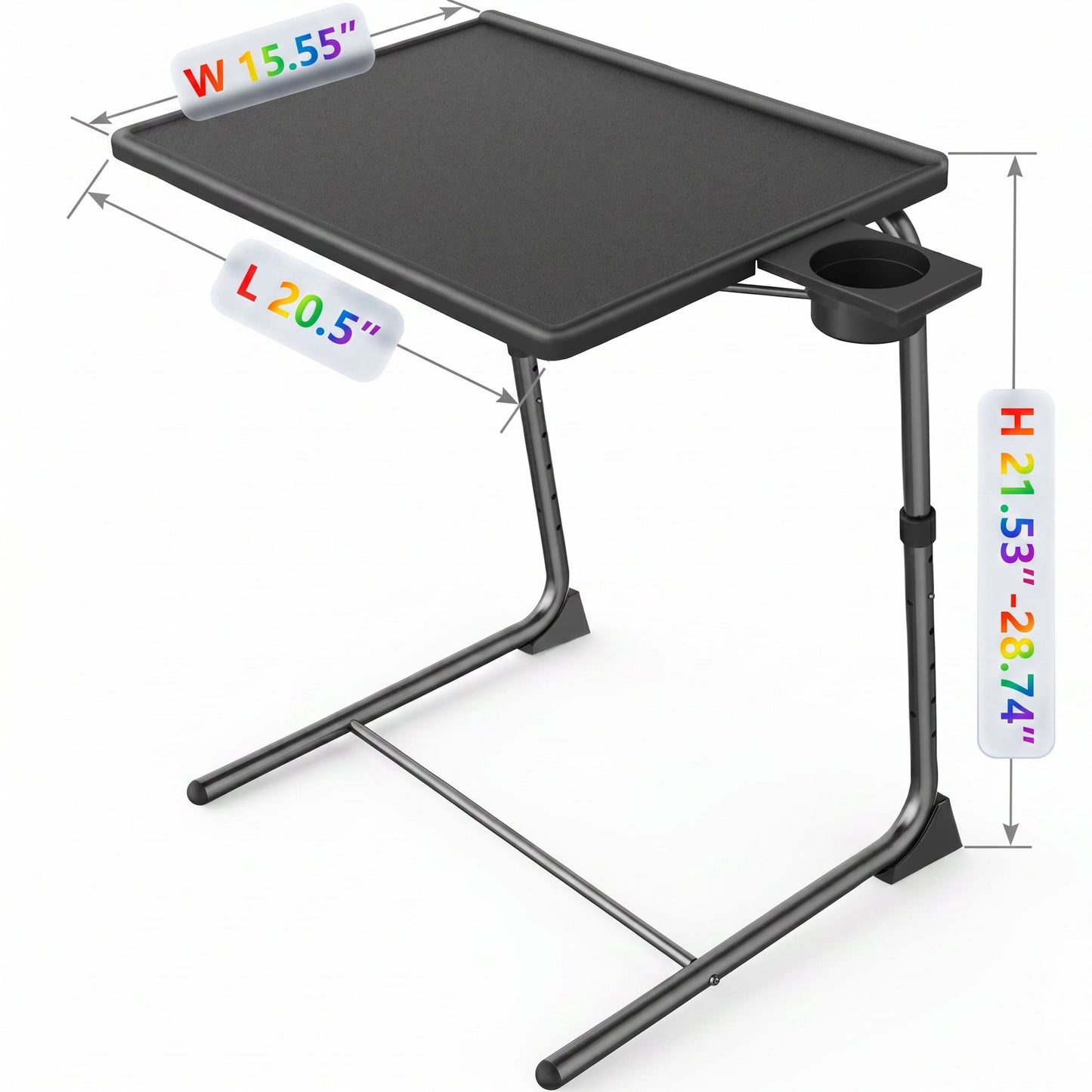 PERLESMITH Adjustable Height TV Tray, Folding Table Trays with Cup Holder, 6 Height & 3 Tilt Angle for Couch, Sofa and Bed, Black