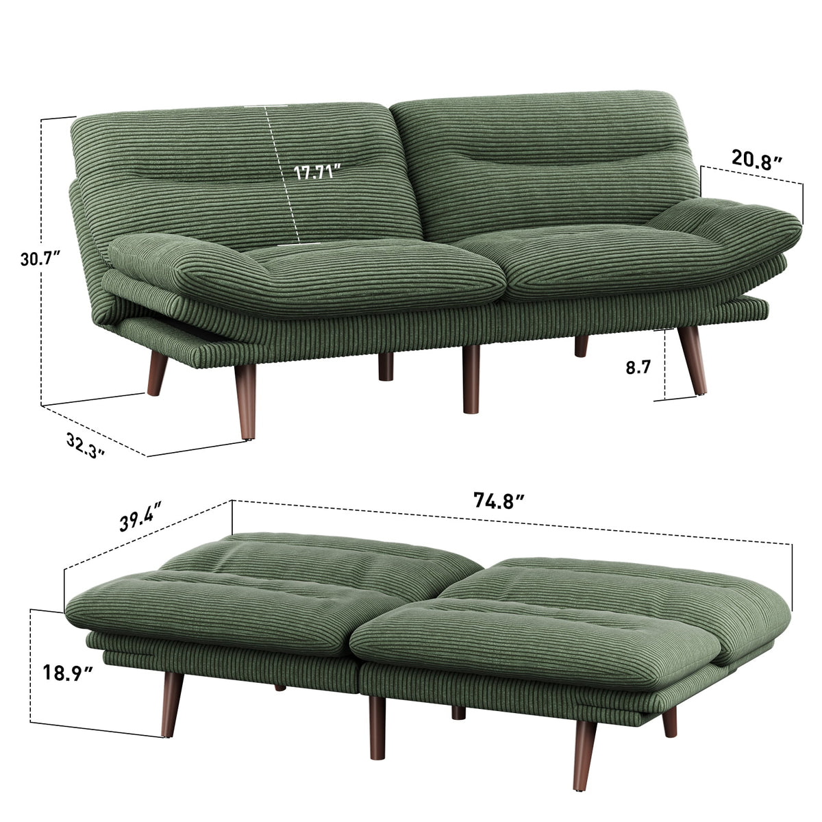 CHITOOMA 75" Futon Sofa Bed with Adjustable Backrest and Armrests, Convertible Sleeper Couch for Living Room, Bedroom, Apartment or Office, Green