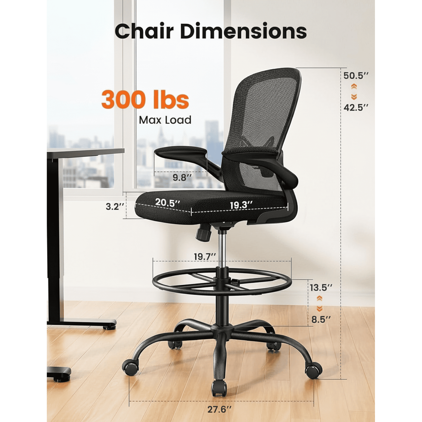 BESTERGO Tall Drafting Chair with Flip-Up Armrests, Adjustable Foot Ring, Ergonomic High Office Chair with Lumbar Support, Height-Adjustable Standing Desk Chair