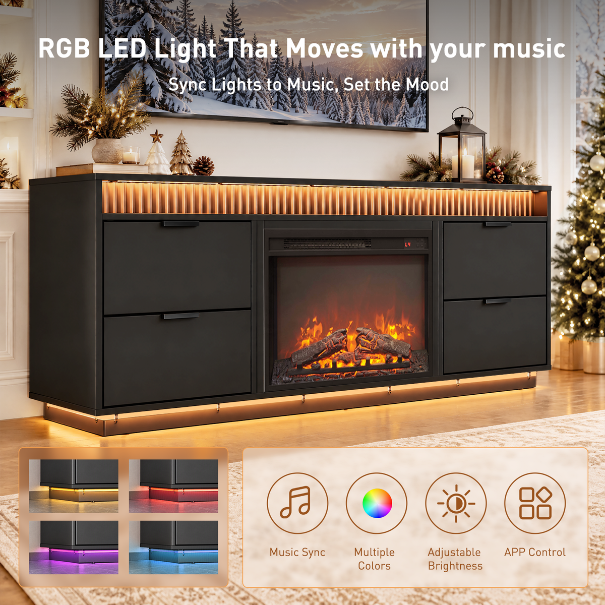 CHITOOMA Electric Fireplace TV Stand for up to 70" with 60000 RGB LED Light, Entertainment Center Console Table with 4 Large Drawers, Black