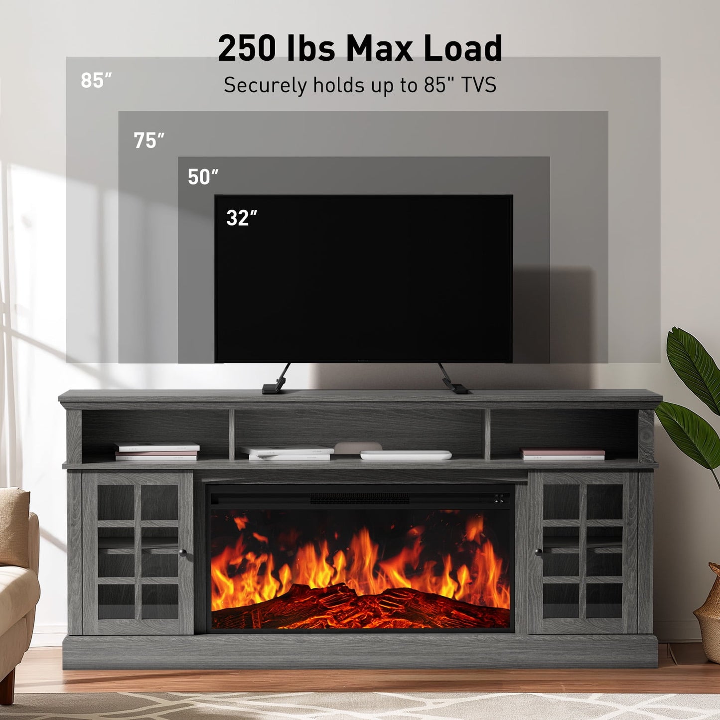 Electric Fireplace TV Stand up to 85" TVs, Farmhouse Entertainment Center wiht 36" Fireplace for Living Room, Gray