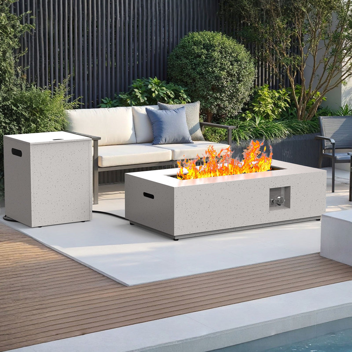 CHITOOMA 43" Propane Fire Pit with Side Table, 50,000 BTU Outdoor Gas Fire Pit with Glass Rocks, Fire Pit Table with Waterproof Cover, CSA Certification & Adjustable Legs for Patio, Backyard