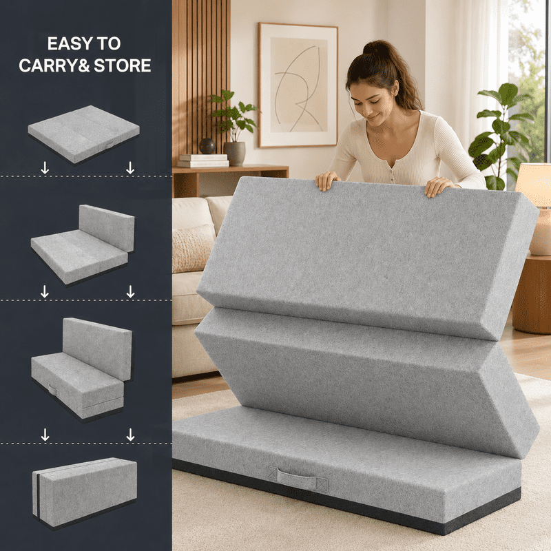6 Inch Tri-Fold Memory Foam Mattress, Full Size Folding Mattress with Washable Removable Cover, Non-Slip Bottom & Carry Handles, Portable Foldable Guest Bed for Camping, Travel, Yoga, Gray