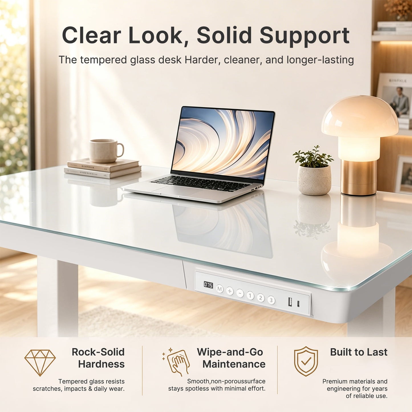 CHITOOMA Glass Top Electric Standing Desk with Drawer, 48'' x 24'' Electric Height Adjustable Desk with USB Charging Ports, Sit Stand up for Home Office
