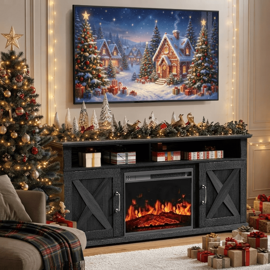 Fireplace TV Stand with Fireplace for 75 inch TV Farmhouse Entertainment Center with Storage, Black