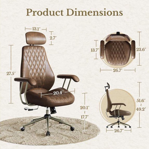 BESTERGO High Back Ergonomic Office Chair with Lumbar Support, Adjustable Swivel Desk Chair in Premium Faux Leather for Home Office Comfort, Brown – 300 lbs Capacity