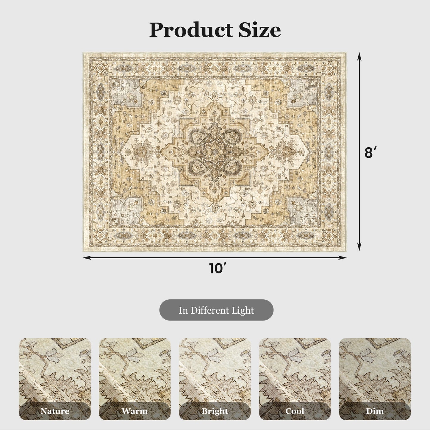 CHITOOMA 8'x10' Boho Area Rugs for Living Room, Machine Washable Stain Resistant Non-Shed Carpet, Area Rug with Non-Slip Backing for Bedroom, Dining Room, Dorm, Office