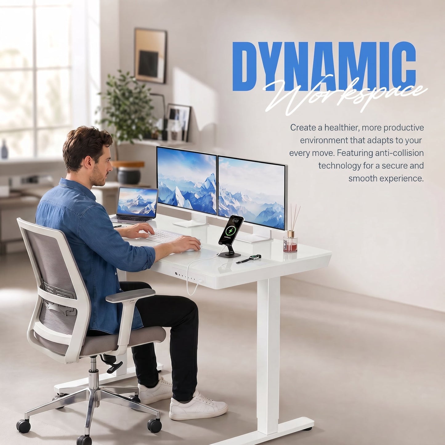 CHITOOMA Glass Top Electric Standing Desk with Drawer, 48'' x 24'' Electric Height Adjustable Desk with USB Charging Ports, Sit Stand up for Home Office