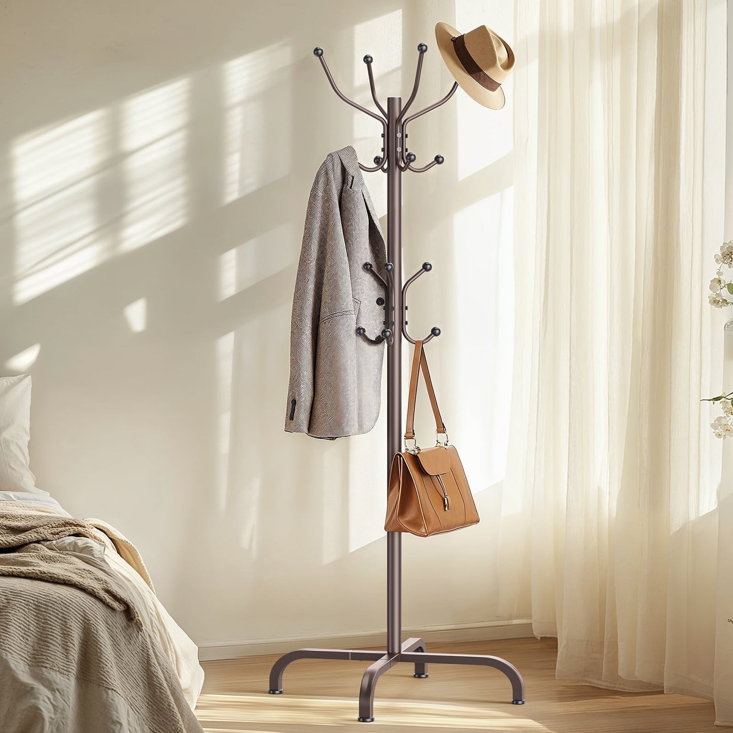 Coat Rack Stand 14 Hooks Coat Rack Stand Metal Freestanding Coat Rack Coat Tree for Home, Office, Entryway, Hallway, Bronze