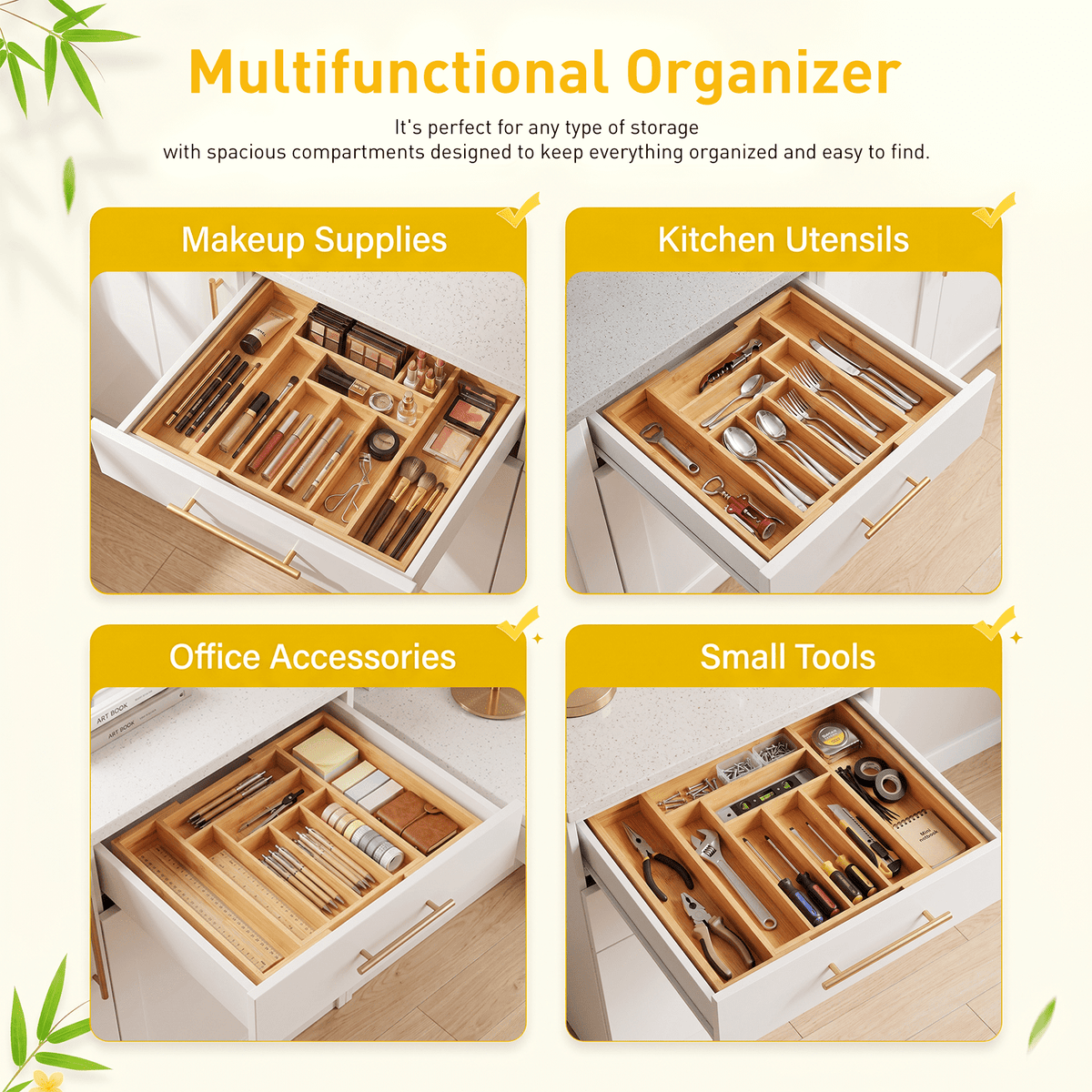 CHITOOMA Wood Bamboo Kitchen Drawer Organizer,Expandable Silverware Holder,Adjustable Kitchen Utensil Tray,for Forks, Spoons and Knives,8 Slots,Medium