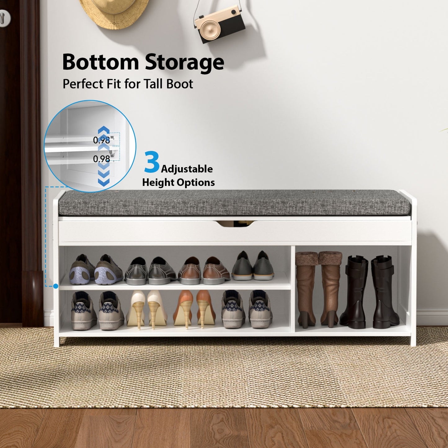 CHITOOMA 43.4" Shoe Storage Bench with Cushion and Barn Doors for Entryway, Bedroom, Shoe Rack Bench Adjustable Shelf with Lift Top Storage, 440 lbs, White
