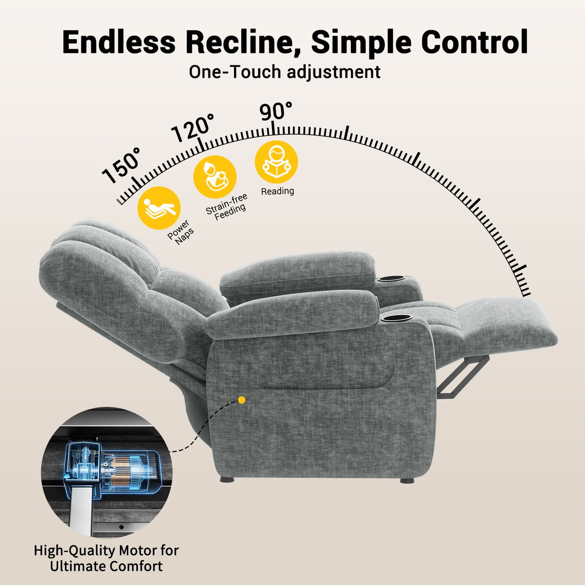 CHITOOMA Power Recliner Chair for Adults, Zero Gravity Electric Reclining Sofa with USB Port, Cup Holder & Side Pockets, Chenille Fabric, Light Gray