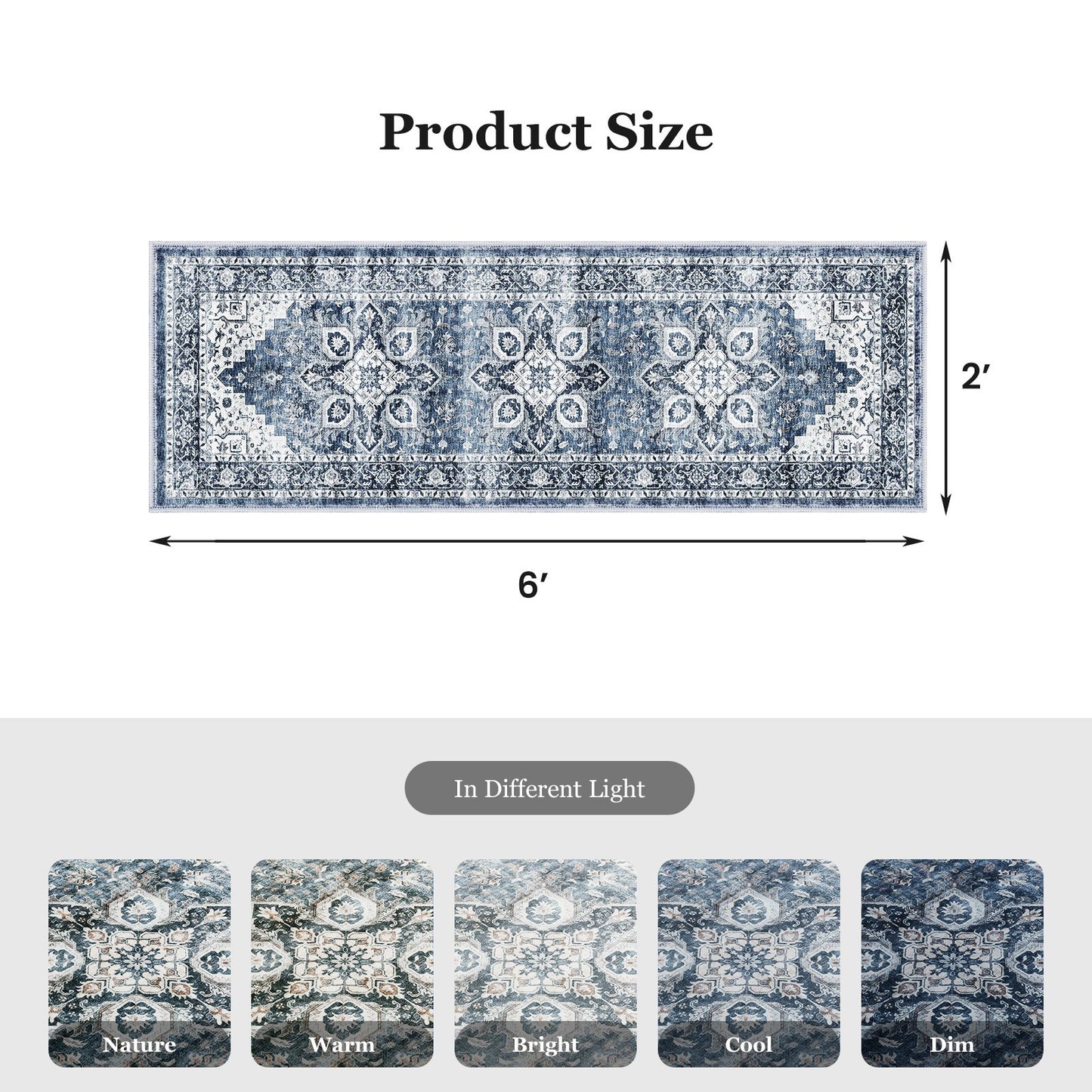 CHITOOMA 2'x6' Runner Rug, Machine Washable Rugs for Kitchen, Vintage Soft Non-Slip Runner Rug with Stain Resistant Non-Shed Carpet for Hallway, Entryway, Bedroom, Laundry, Bathroom