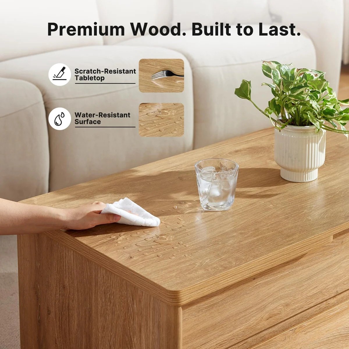 CHITOOMA Living Room Furniture Sets with Lift up Coffee Table & TV Stand with Storage, Natural