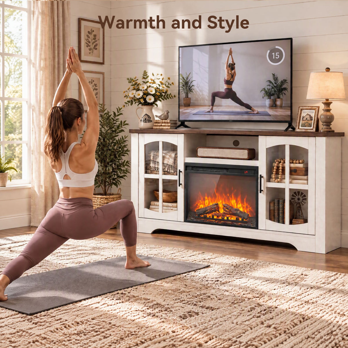 CHITOOMA Electric Fireplace TV Stand for 70" TVs with Glass Barn Doors, Farmhouse Entertainment Console with 23" Electric Fireplace, Holds up to 200 lbs, White