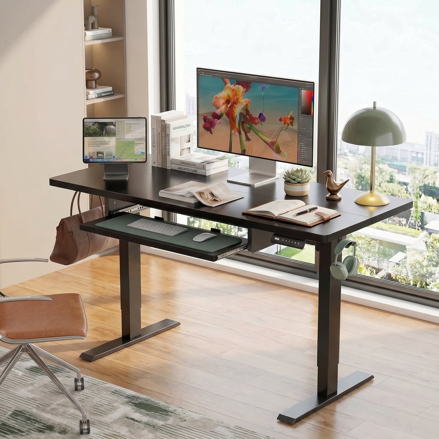 CHITOOMA Electric Standing Desk with Keyboard Tray, 48" x 24" Height Adjustable Sit Stand up Desk with Headphone Hook & 4 Height Memory Pre-Set for Home Office, Black