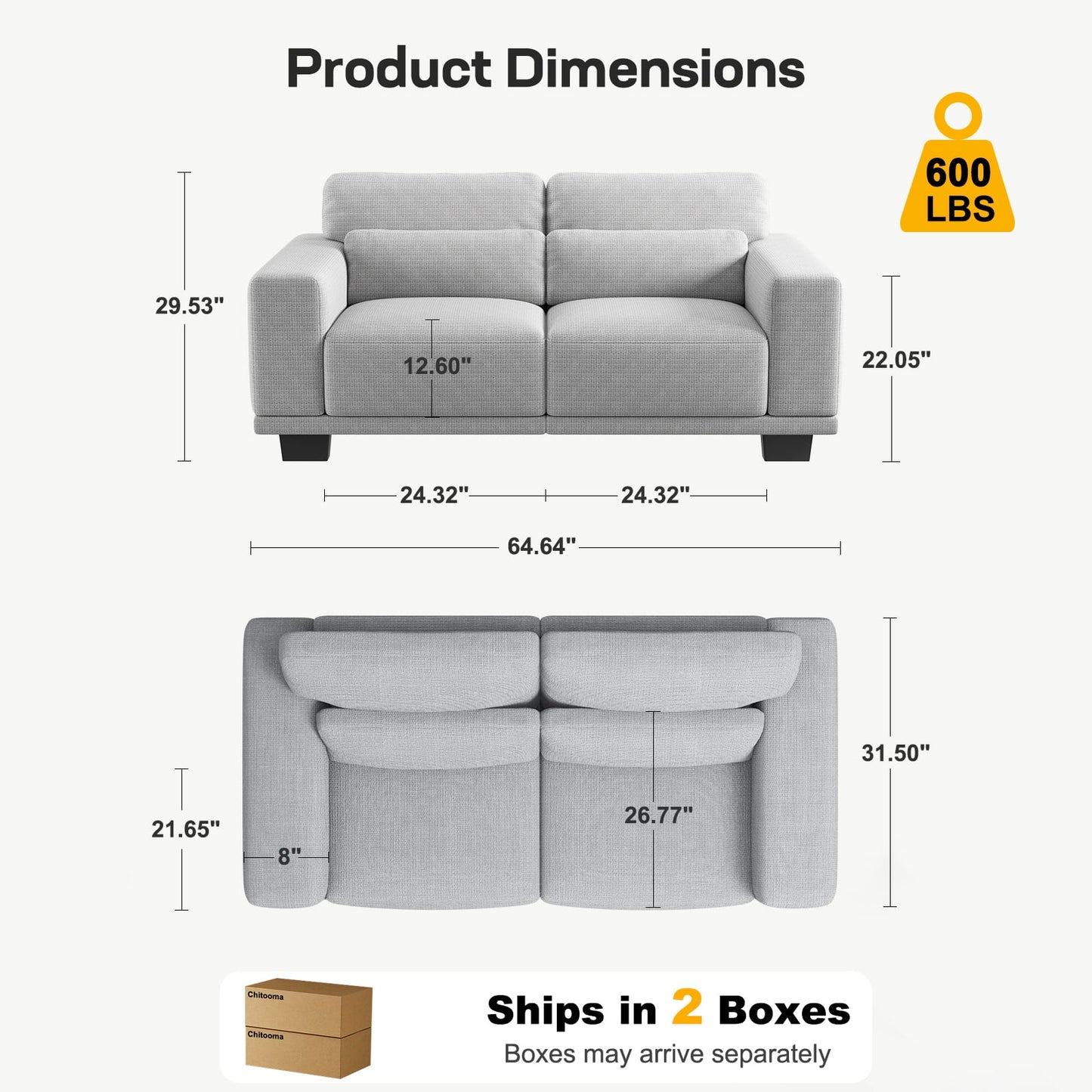 CHITOOMA 65" Loveseat Sofa for Living Room, Comfy Linen Couch with 2 Pillows, Deep Seats, Wide Armrests, Removable Covers & Sturdy Steel Frame, Gray