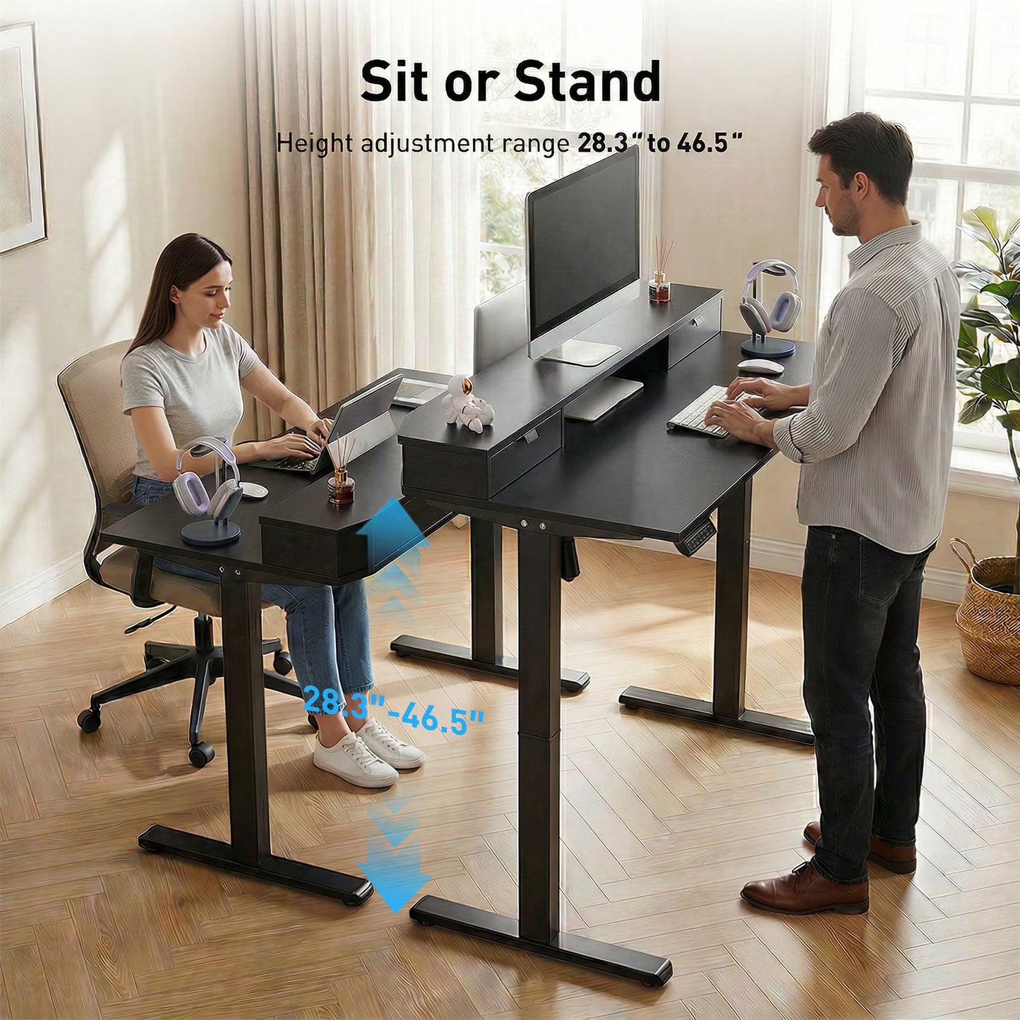 CHITOOMA 48″ x 24″ Standing Desk with Drawers, Electric Height Adjustable Sit Stand Desk with Storage Shelf, Black