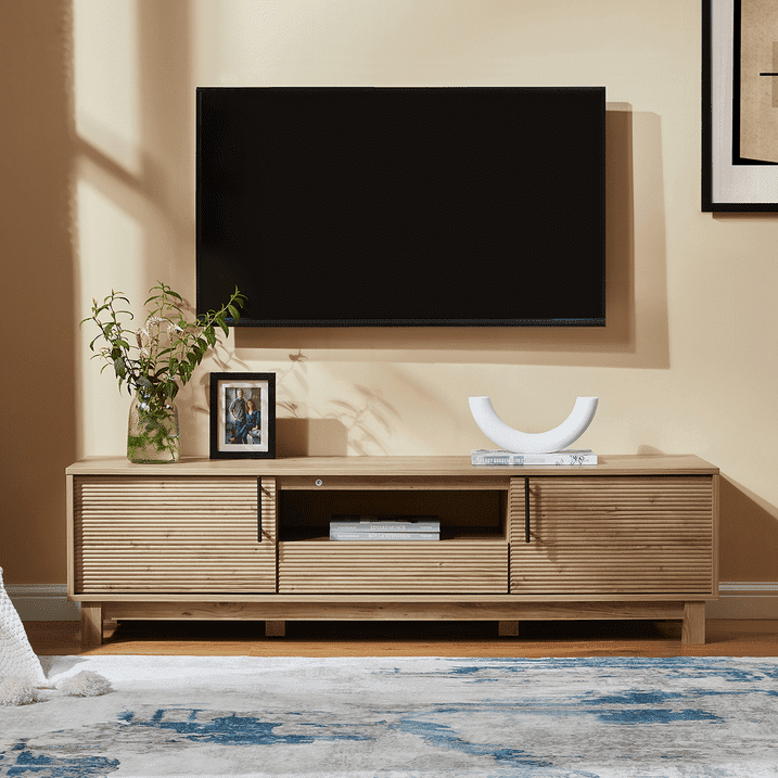 Mid-Century Modern TV Stand for 70" TVs, Wood TV Console with Reeded 2-Door for Living Room, Nature