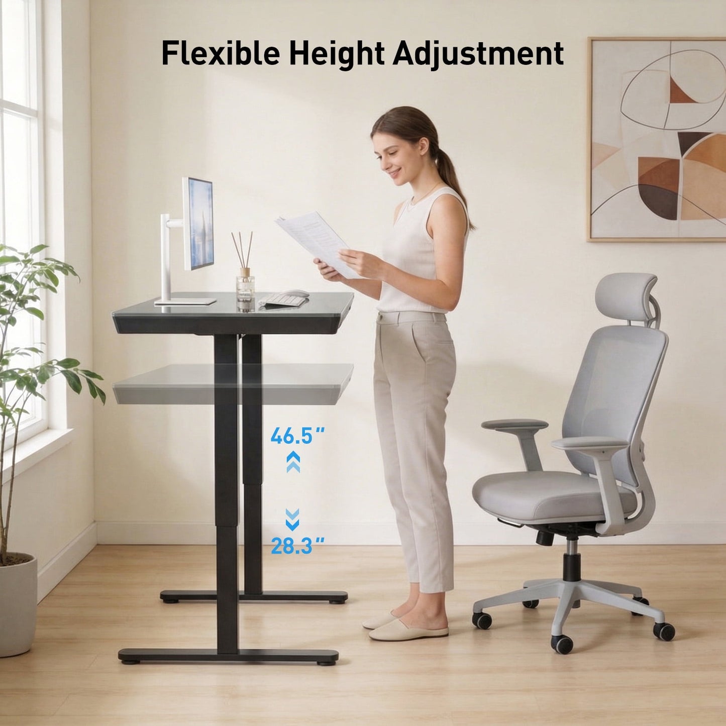 CHITOOMA Glass Top Electric Standing Desk with Drawer, 55'' x 28'' Electric Height Adjustable Desk with USB Charging Ports, Sit Stand up for Home Office